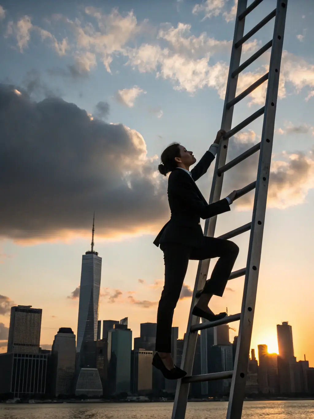 An image of a person climbing stairs, symbolizing career growth and development, set against a backdrop of London's skyline.