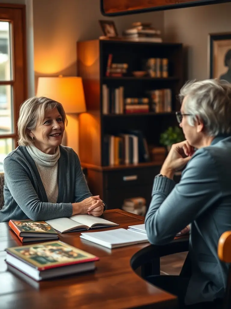 An image of a coach and client engaged in a one-on-one coaching session, with a whiteboard and motivational posters in the background, representing the Business Coaching Program.