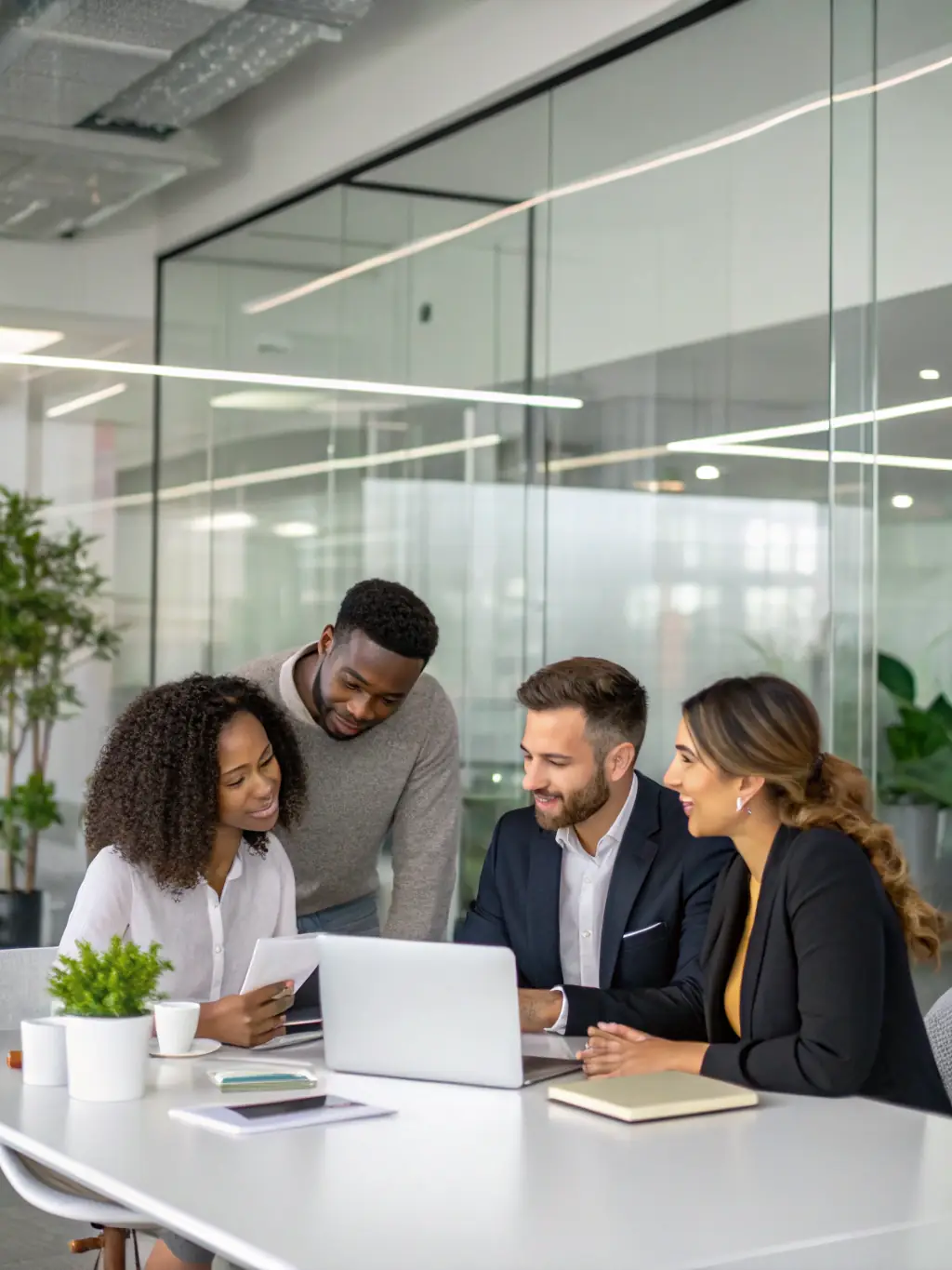 A diverse team of professionals collaborating around a table, brainstorming ideas and discussing innovative solutions in a modern office setting.