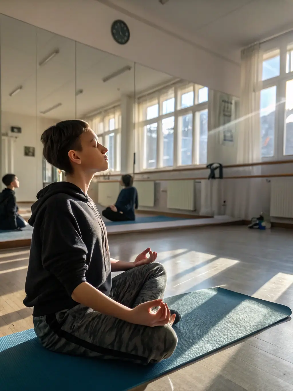 An image representing mindset development, showing a person meditating in a modern office space, with positive affirmations visible in the background.