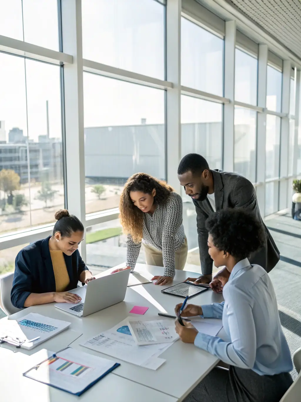 An image of a diverse group of professionals collaborating in a modern office, representing team coaching and leadership development.