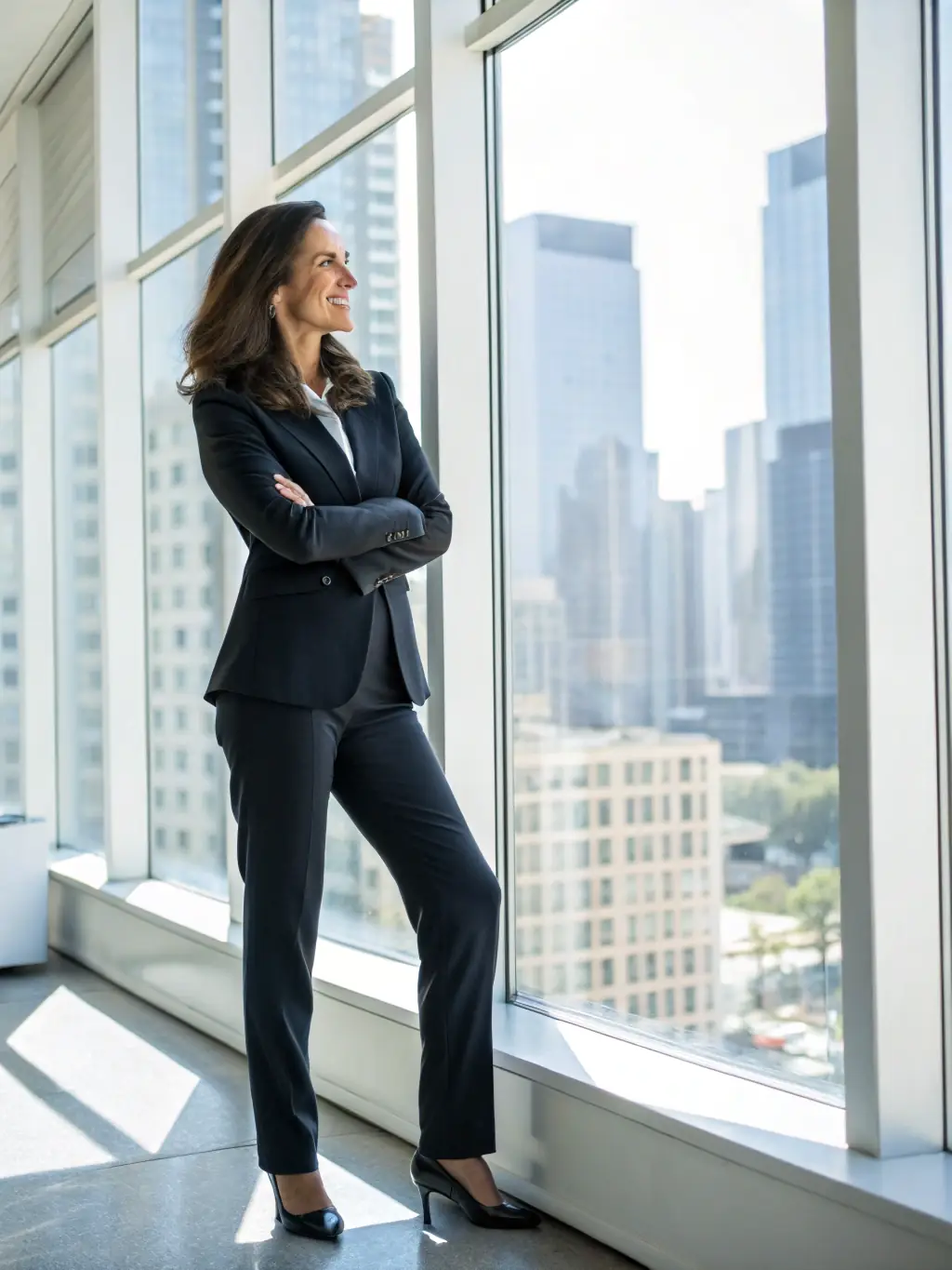 A professional business coach in a suit, smiling confidently while pointing at a whiteboard filled with strategic plans and growth charts during a coaching session.